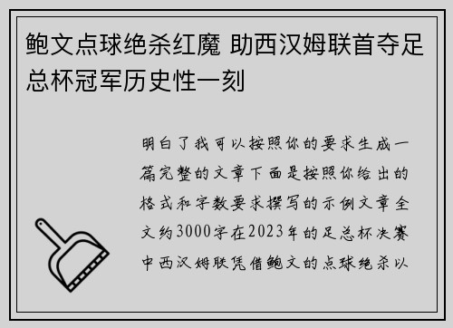 鲍文点球绝杀红魔 助西汉姆联首夺足总杯冠军历史性一刻