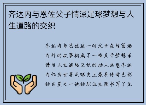 齐达内与恩佐父子情深足球梦想与人生道路的交织