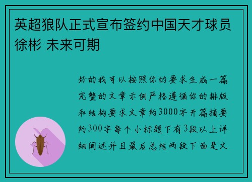英超狼队正式宣布签约中国天才球员徐彬 未来可期